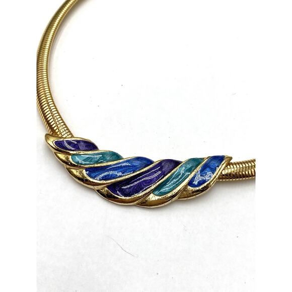 Necklace Chocker Serpentine Chain Swirl Gold Tone Enamel 15” Vintage - Picture 2 of 9